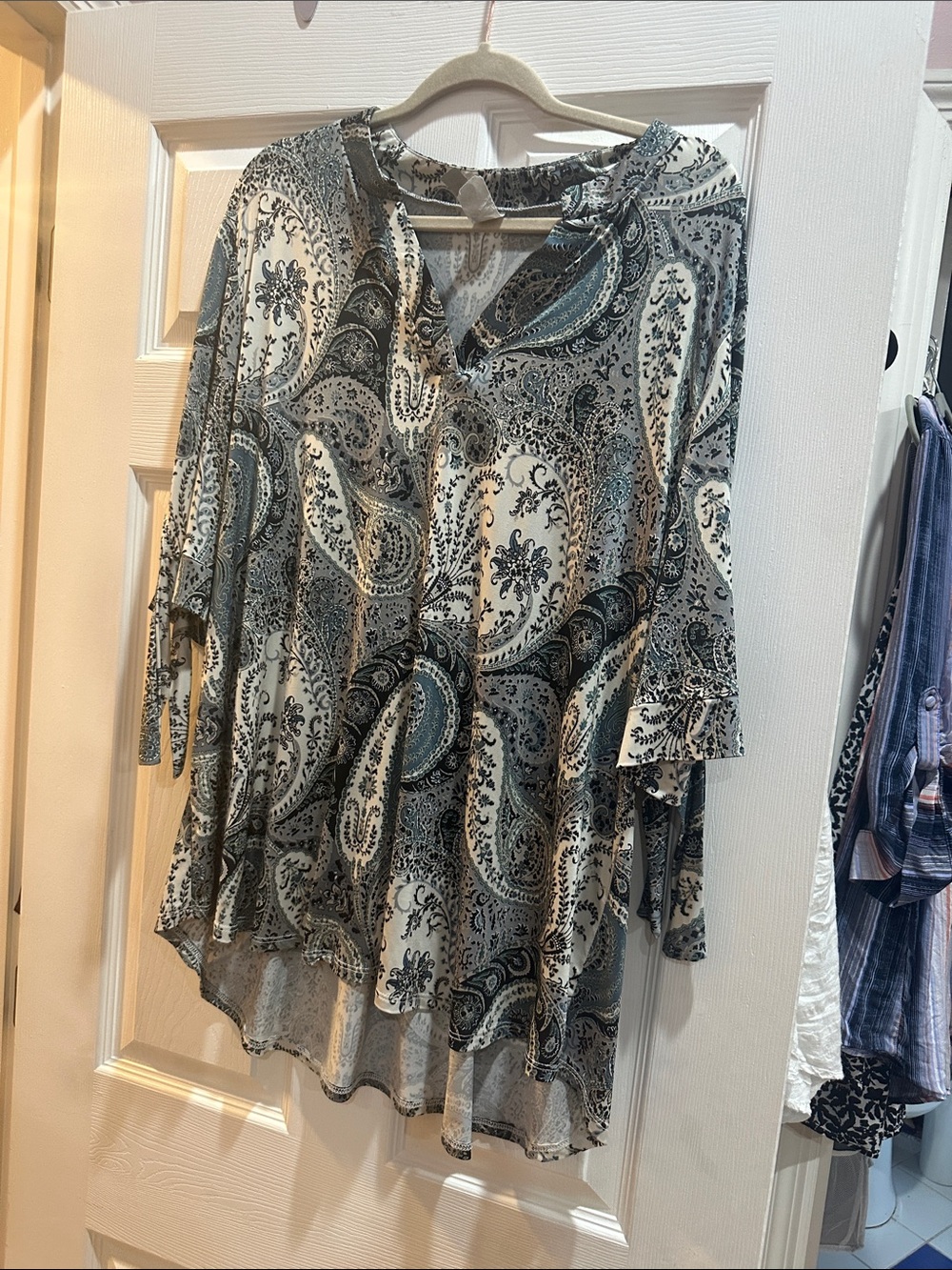 Honeyme Paisley V-Neck Tunic Top in Cream and Blue-Gray